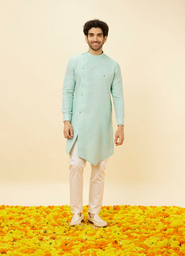 alt message - Manyavar Men Aqua Green Angrakha Kurta Set image number 2